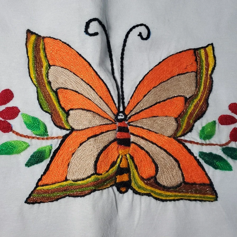 Hand Embroidered Pillowcase White Butterfly Floral Decor Home Accent Cottagecore